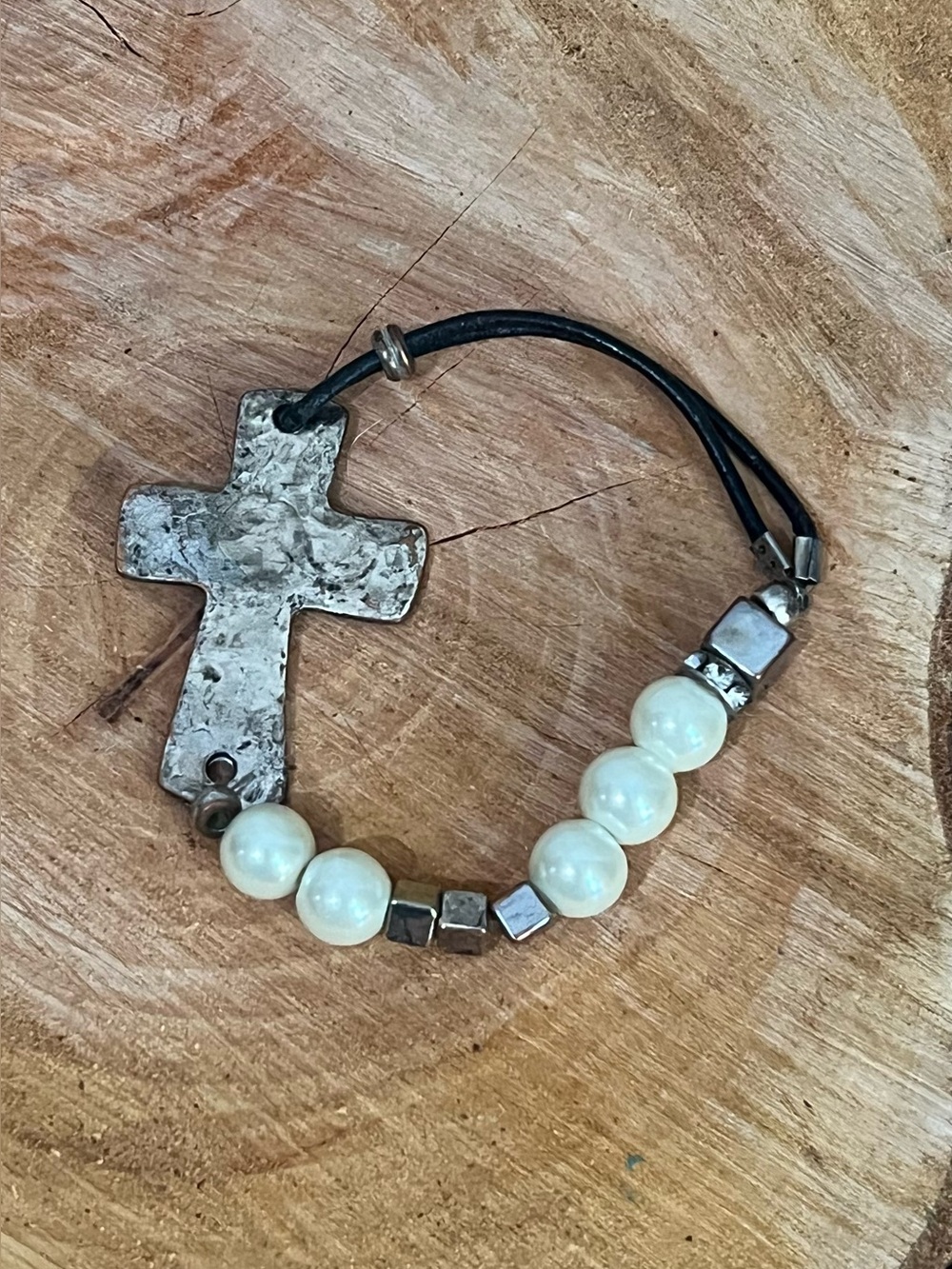 Rustic Hammered Silver Cross Leather Cord Bracelet Pearl Beads & Accent Charms